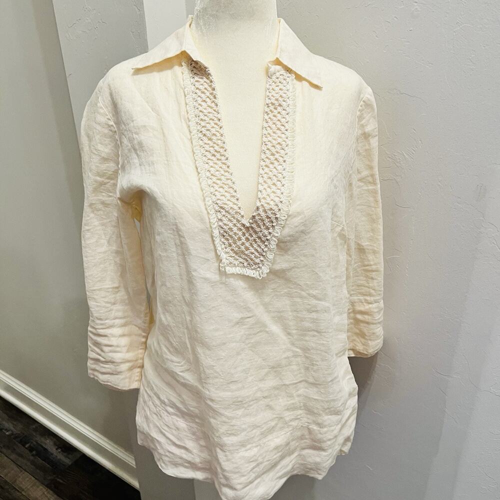 Tommy Bahama 100% Linen Tunic Embroidered Top Womens S Cream 3/4 Sleeve V Neck